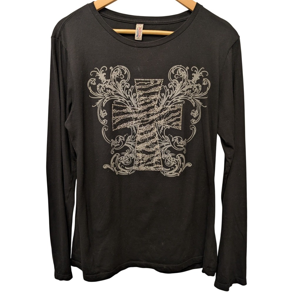 Alstyle Rhinestone Cross Graphic Long Sleeve Tee Zebra Print Y2K Goth Edgy 2XL